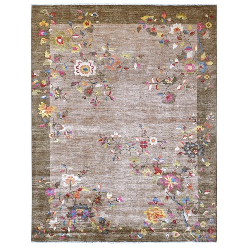 Light Brown, Chinese Art Deco Inspired Peshawar, Soft and Velvety Wool, Vegetable Dyes, Hand Knotted, Oriental 