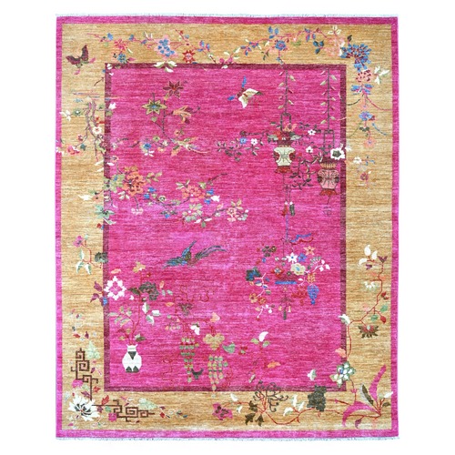 Hot Pink, Chinese Art Deco Inspired Peshawar, Natural Dyes, Hand Knotted, Pure Wool, Oriental 