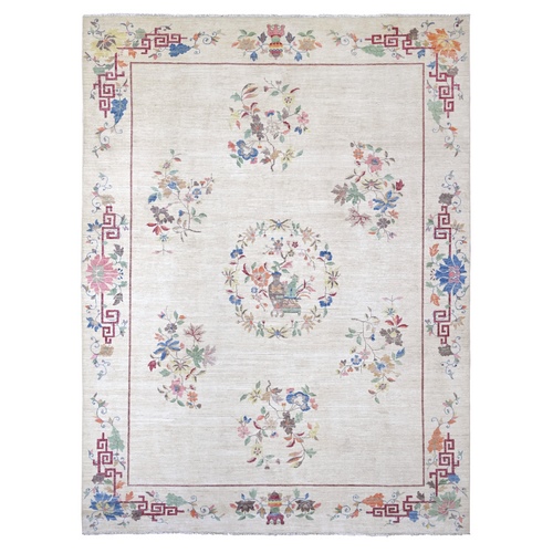 Alabaster White, Chinese Art Deco Inspired Peshawar, Vegetable Dyes, Hand Knotted, Soft and Shiny Wool, Oriental 