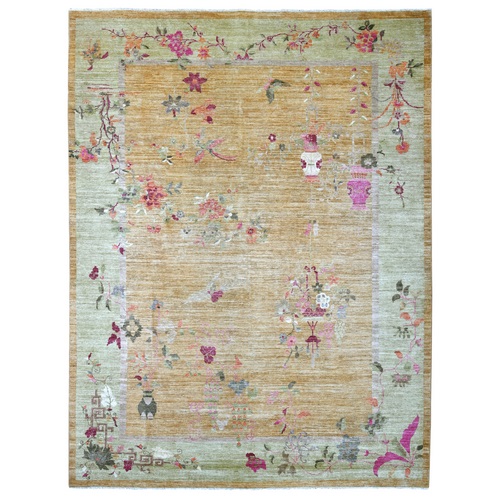 Golden Brown, Chinese Art Deco Inspired Peshawar, Hand Knotted, Soft and Vibrant Wool, Vegetable Dyes, Oriental 