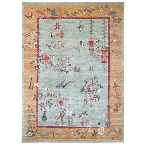 Pistachio Green, Hand Knotted, Chinese Art Deco Inspired Peshawar, Soft and Vibrant Wool, Vegetable Dyes, Oriental 