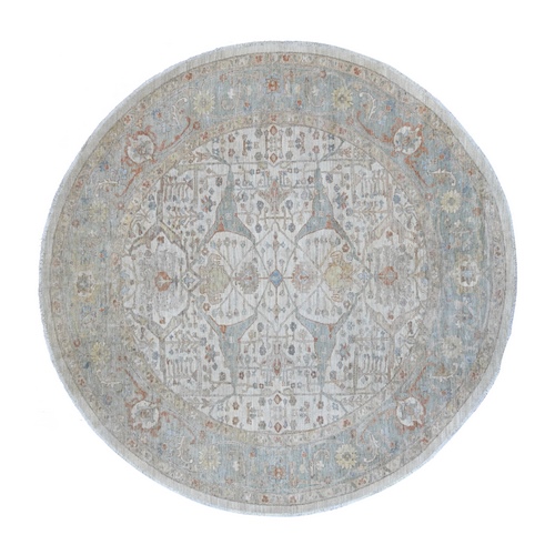Alabaster White, Peshawar with Bijar Garus Design, Hand Knotted, High Mountain Wool, Densely Woven, Round, Oriental 