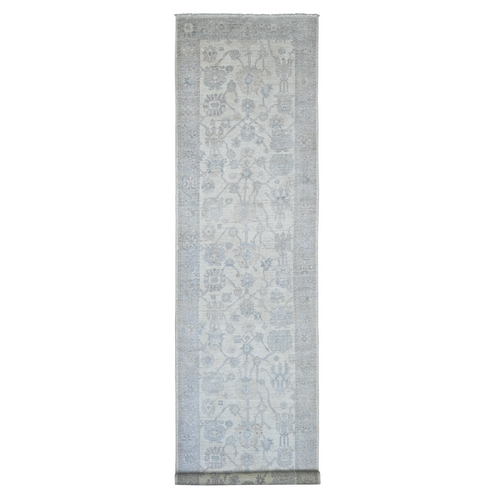 Pearl White, Afghan Angora Oushak with All Over Leaf Design, Hand Knotted, 100% Wool, Vegetable Dyes, XL Runner, Oriental 