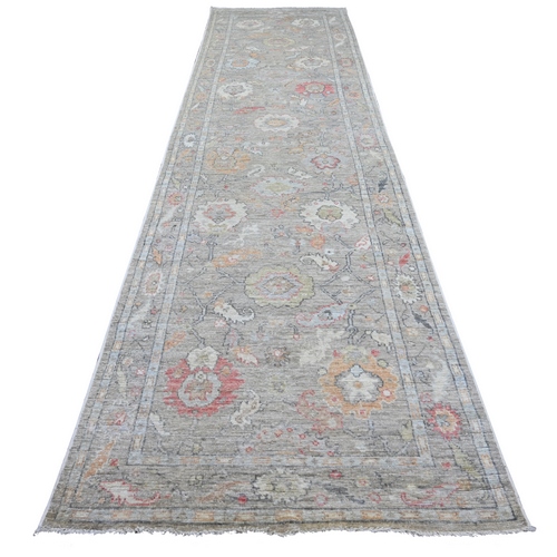 Fossil Gray, Afghan Angora Oushak with All Over Leaf Design, Hand Knotted, 100% Wool, Vegetable Dyes, XL Runner, Oriental 