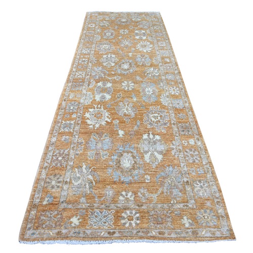 Golden Brown, Afghan Angora Oushak with All Over Leaf Design, Hand Knotted, 100% Wool, Vegetable Dyes, XL Runner, Oriental 
