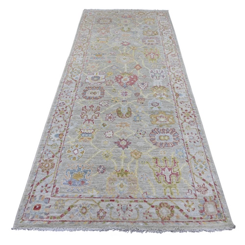 Fossil Gray, Afghan Angora Oushak with All Over Leaf Design, Hand Knotted, 100% Wool, Vegetable Dyes, Wide Runner, Oriental 