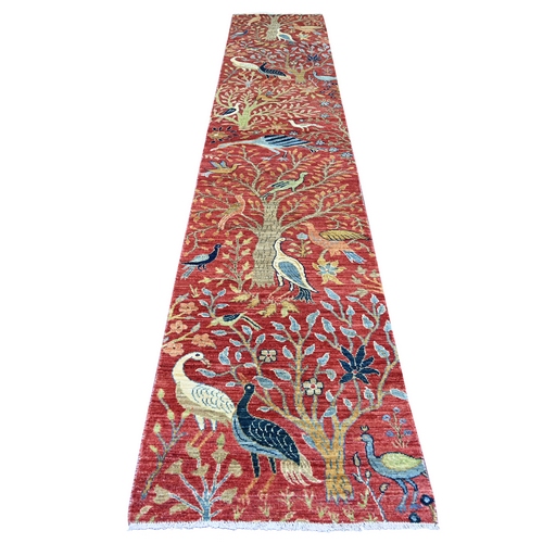 Crimson Red, Hand Knotted, Afghan Peshawar with Birds of Paradise Design, Soft and Shiny Wool, Vegetable Dyes, Runner, Oriental 
