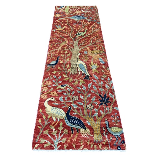 Crimson Red, Afghan Peshawar with Birds of Paradise Design, Hand Knotted, Soft and Shiny Wool, Vegetable Dyes, Runner, Oriental 