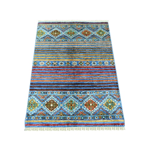 Cerulean Blue, Vegetable Dyes, Pure Wool, Hand Knotted, Afghan Super Kazak with Khorjin Design, Sample, Mat, Oriental 