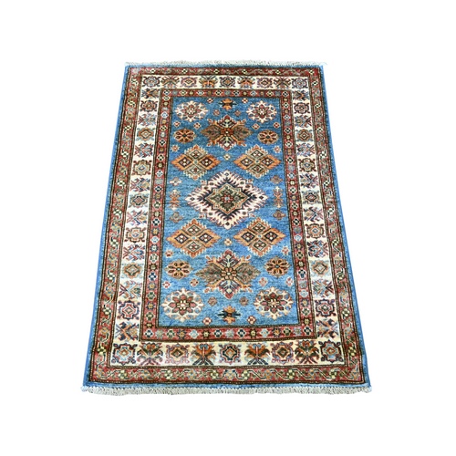 Cerulean Blue, Hand Knotted, Pure Wool, Vegetable Dyes, Afghan Super Kazak with Geometric Medallions Design, Sample, Mat, Oriental 