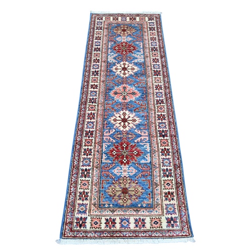 Cerulean Blue, Pure Wool, Hand Knotted, Vegetable Dyes, Afghan Super Kazak with Tribal Medallions Design, Narrow Runner, Oriental 