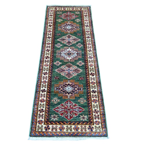 Hunter Green, Pure Wool, Hand Knotted, Vegetable Dyes, Afghan Super Kazak with Geometric Medallions Design, Narrow Runner, Oriental 