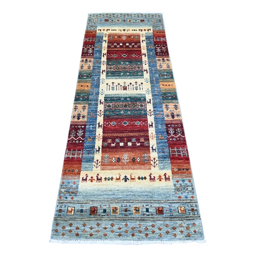 Light Blue, Natural Wool, Fine Kashkuli Gabbeh with Small Animal Figurines, Hand Knotted, Vegetable Dyes, Narrow Runner, Oriental 