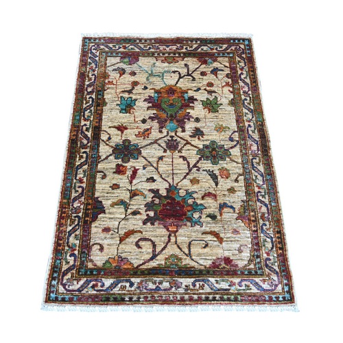 Oyster White, Hand Knotted, Natural Dyes, Soft and Vibrant Wool, Afghan Sultani, All Over Floral Pattern, Sample, Mat, Oriental 