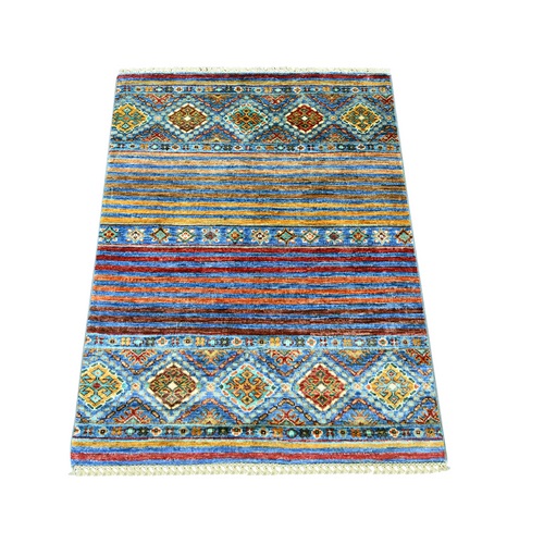 Cerulean Blue, Hand Knotted, Pure Wool, Vegetable Dyes, Afghan Super Kazak with Khorjin Design, Sample, Mat, Oriental 