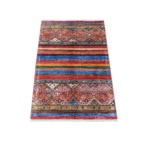 Rust Red, Pure Wool, Hand Knotted, Vegetable Dyes, Afghan Super Kazak with Khorjin Design, Sample, Mat, Oriental 