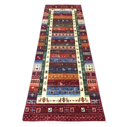 Garnet Red, Hand Knotted, Soft Wool, Vegetable Dyes, Fine Kashkuli Gabbeh with Small Animal Figurines, Runner, Oriental 