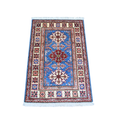 Cerulean Blue, Afghan Super Kazak with Tribal Medallions Design, Pure Wool, Hand Knotted, Vegetable Dyes, Sample, Mat, Oriental 