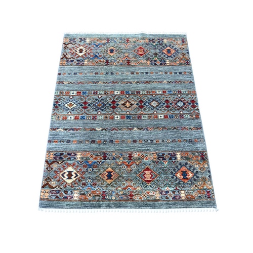 Misty Gray, Pure Wool, Hand Knotted, Vegetable Dyes, Afghan Super Kazak with Khorjin Design, Sample, Mat, Oriental 