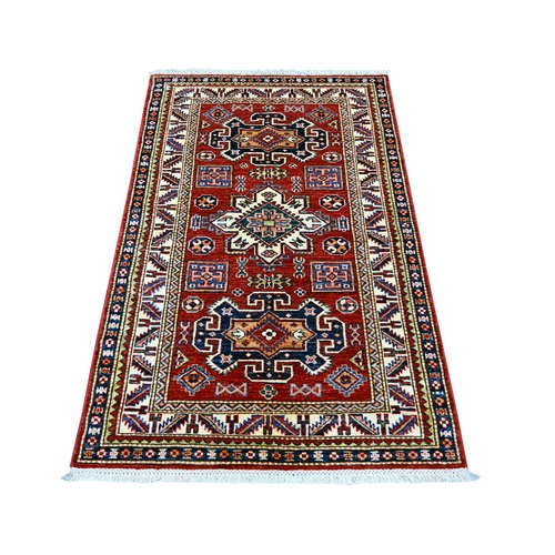 Berry Red, Natural Wool, Hand Knotted, Vegetable Dyes, Afghan Super Kazak with Geometric Medallions Design, Oriental 
