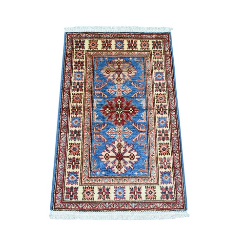 Cerulean Blue, Natural Wool, Hand Knotted, Vegetable Dyes, Afghan Super Kazak with Tribal Medallions Design, Sample, Mat, Oriental 