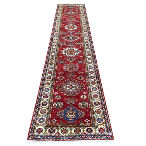 Berry Red, Vegetable Dyes, Natural Wool, Hand Knotted, Afghan Super Kazak with Geometric Medallions Design, Runner, Oriental 