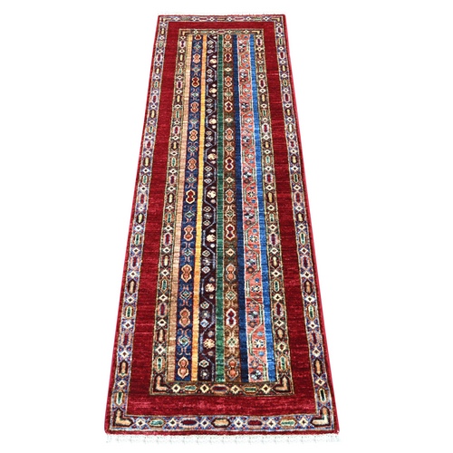 Colorful, Vegetable Dyes, Natural Wool, Hand Knotted, Afghan Super Kazak with Shawl Design, Narrow Runner, Oriental 