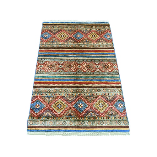 Colorful, Pure Wool, Hand Knotted, Afghan Super Kazak with Khorjin Design, Vegetable Dyes, Sample, Mat, Oriental 
