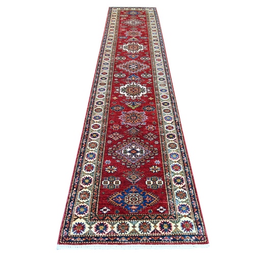 Berry Red, Hand Knotted, Vegetable Dyes, Natural Wool, Afghan Super Kazak with Geometric Medallions Design, Runner, Oriental 