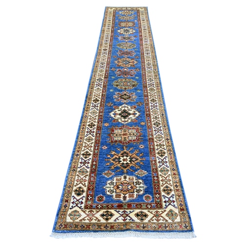 Cerulean Blue, Natural Wool, Hand Knotted, Afghan Super Kazak with Geometric Medallions Design, Vegetable Dyes, Runner, Oriental 