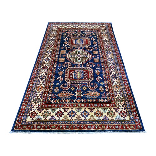 Navy Blue, Natural Wool, Hand Knotted, Afghan Super Kazak with Geometric Medallions Design, Vegetable Dyes, Oriental 