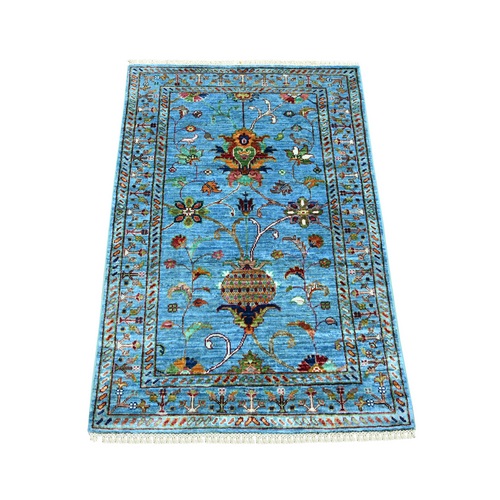 Cerulean Blue, Soft Wool, Hand Knotted, Vegetable Dyes, Afghan Sultani with Pomegranate Design, Denser Weave, Sample, Mat, Oriental 