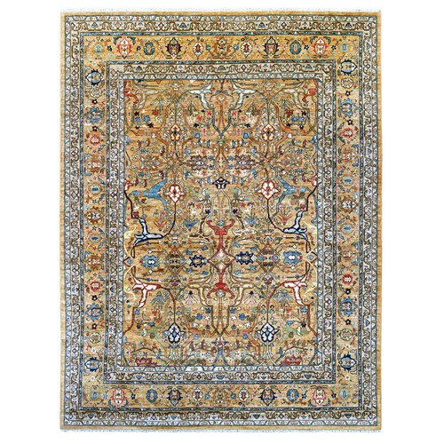 Golden Brown, Peshawar with Bijar Garus Design, Hand Knotted, Vegetable Dyes, Densely Woven, 100% Wool, Oriental 