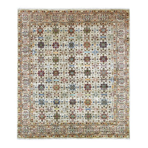 Alabaster White, Afghan Super Kazak with Star Medallions Design, Hand Knotted, Pure Wool, Vegetable Dyes, Oriental 
