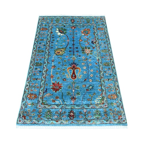 Cerulean Blue, Organic Wool, Afghan Sultani with All Over Floral Pattern, Denser Weave, Vegetable Dyes, Hand Knotted, Oriental 