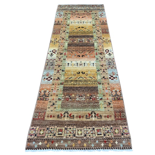 Shades of Brown, Hand Knotted, Fine Kashkuli Gabbeh with Small Animal Figurines, Soft Wool, Vegetable Dyes, Runner, Oriental 