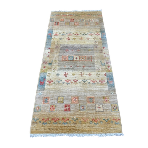 Beige, Hand Knotted, Fine Kashkuli Gabbeh with Small Animal Figurines, Soft Wool, Vegetable Dyes, Runner, Oriental 
