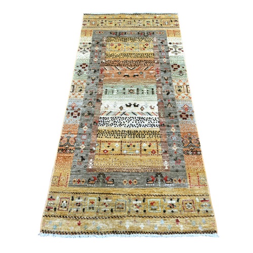 Golden Yellow, Fine Kashkuli Gabbeh with Small Animal Figurines, Hand Knotted, Soft Wool, Vegetable Dyes, Runner, Oriental 