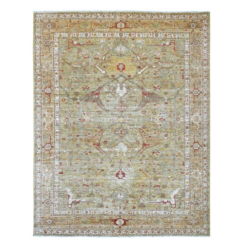 Swamp Green, Peshawar with Bijar Garus Design, Hand Knotted, Vegetable Dyes, Densely Woven, 100% Wool, Oriental 