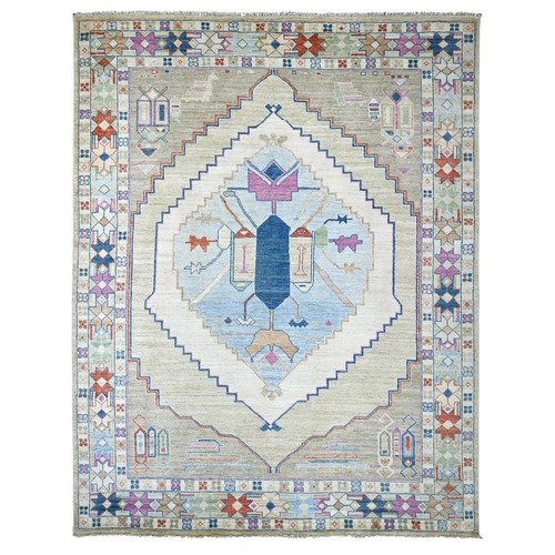 Light Green, Anatolian Village Design, Turkish Knot, Zero Pile, Sheared Low, Hand Knotted, 100% Wool, Oriental 