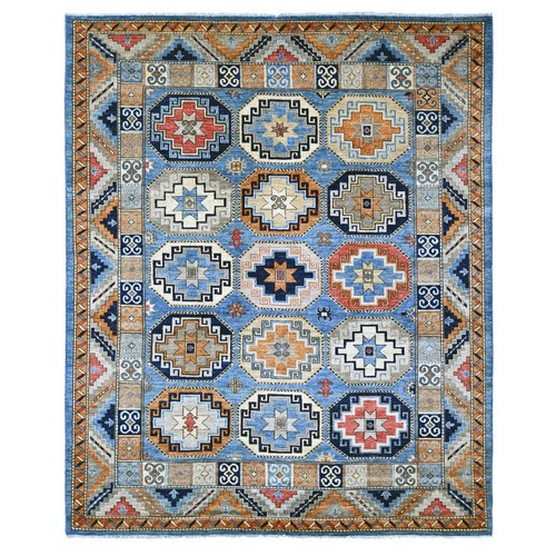Maya Blue, Afghan Ersari with Elephant Feet Design, Vegetable Dyes, Hand Knotted, Pure Wool, Oriental 