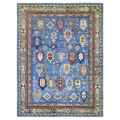Bayern Blue, Afghan Ersari with Turkish Knot, Caucasian Design Revival, Hand Knotted, Soft Wool, Vegetable Dyes, Densely Woven, Oriental 