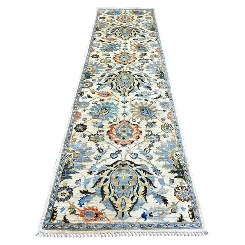 Chiffon White, Afghan Super Kazak with Large Flower Elements, Vegetable Dyes, Pure Wool, Hand Knotted, Runner, Oriental 