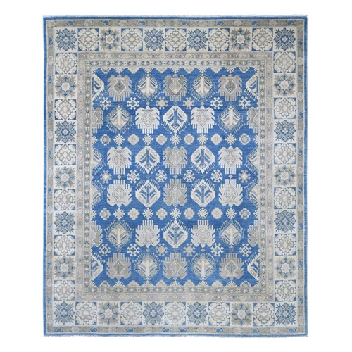Marlin Blue, Vintage Look Kazak with All Over Tribal Motifs, Hand Knotted, 100% Wool, Natural Dyes, Oriental 