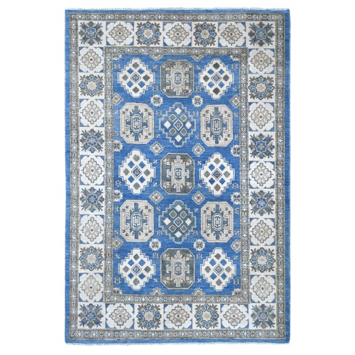 Bayern Blue, Vintage Look Kazak with All Over Geometric Motifs, Hand Knotted, 100% Wool, Natural Dyes, Oriental 