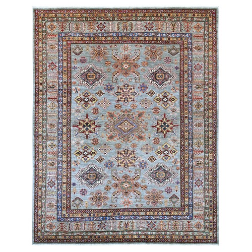 Misty Gray, Afghan Super Kazak with Geometric Medallions Design, Hand Knotted, Pure Wool, Vegetable Dyes, Oriental 