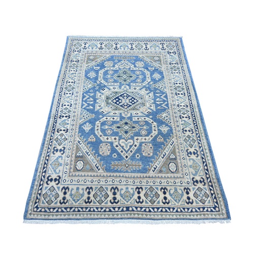 Maya Blue, Vintage Look Kazak with Geometric Pattern, Hand Knotted, 100% Wool, Natural Dyes, Oriental 