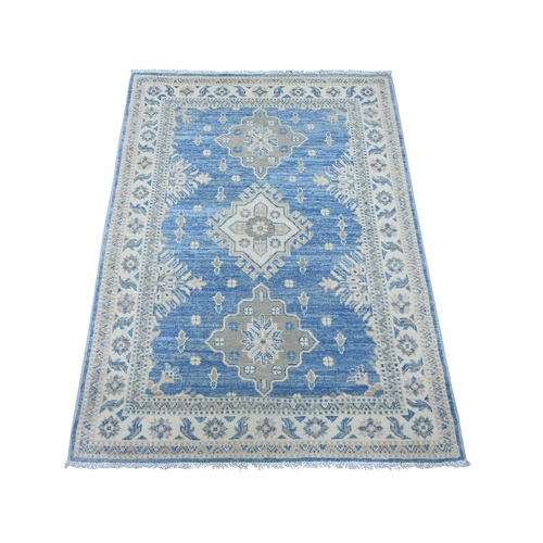 Marlin Blue, Vintage Look Kazak with Geometric Medallions, Hand Knotted, 100% Wool, Natural Dyes, Oriental 