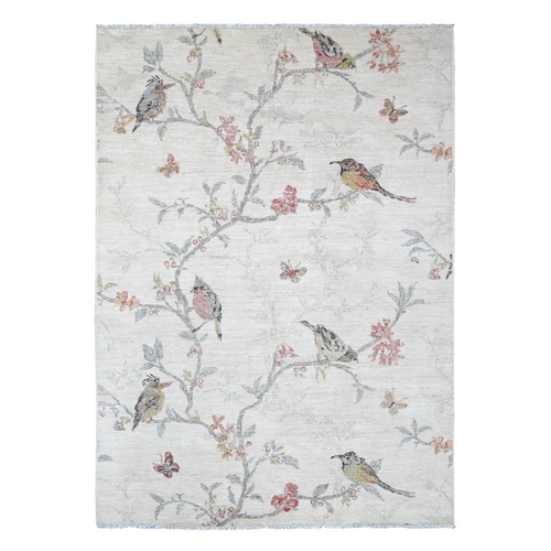 Alabaster White, Sparrows on the Tree, Peshawar, High Mountain Wool, Finely Hand Knotted, Soft to the Touch, Oriental 