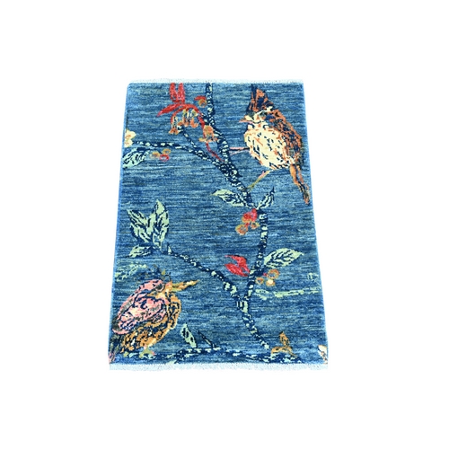 Bayern Blue, Sparrows on the Tree, Peshawar, 100% Wool, Soft Pile, Lush and Plush, Finely Hand Knotted, Mat, Sample, Oriental 